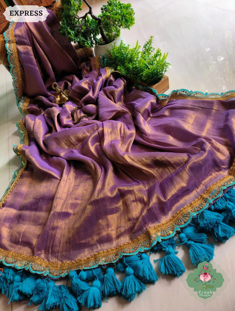 Zynah Metallic Antique Lavender Linen Tissue Saree With Scalloped Lace & Turquoise Tassels; Custom Stitched/Ready-made Blouse, Fall, Petticoat; SKU: 2703202502