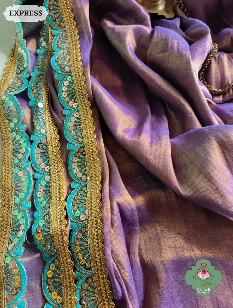 Zynah Metallic Antique Lavender Linen Tissue Saree With Scalloped Lace & Turquoise Tassels; Custom Stitched/Ready-made Blouse, Fall, Petticoat; SKU: 2703202502