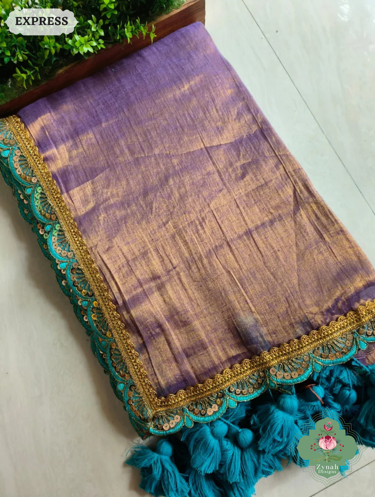 Zynah Metallic Antique Lavender Linen Tissue Saree With Scalloped Lace & Turquoise Tassels; Custom Stitched/Ready-made Blouse, Fall, Petticoat; SKU: 2703202502