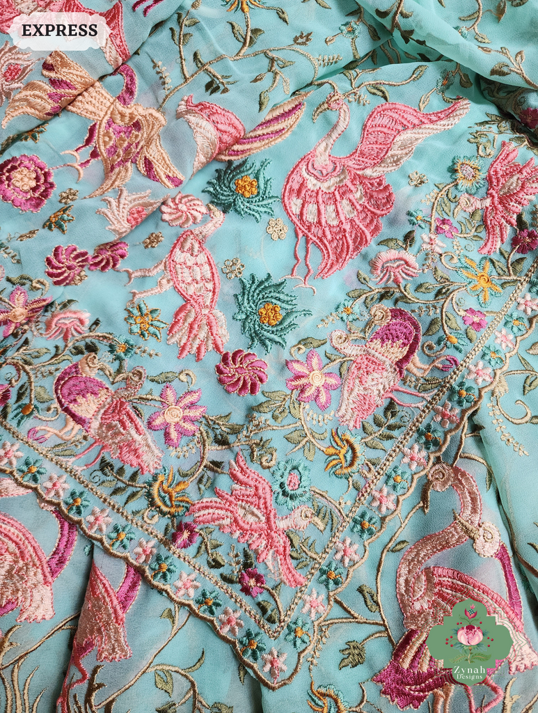 Zynah Aqua Pure Georgette Saree With Parsi Gara Inspired Embroidery; Custom Stitched/Ready-made Blouse, Fall, Petticoat; SKU: 2008202501