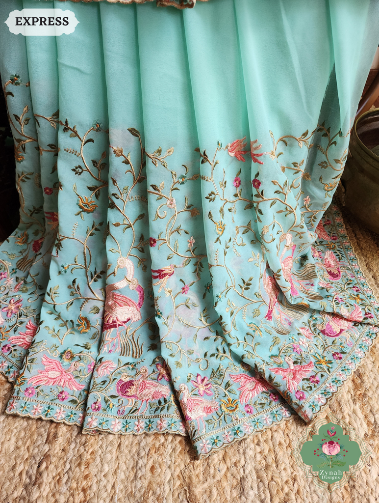 Zynah Aqua Pure Georgette Saree With Parsi Gara Inspired Embroidery; Custom Stitched/Ready-made Blouse, Fall, Petticoat; SKU: 2008202501