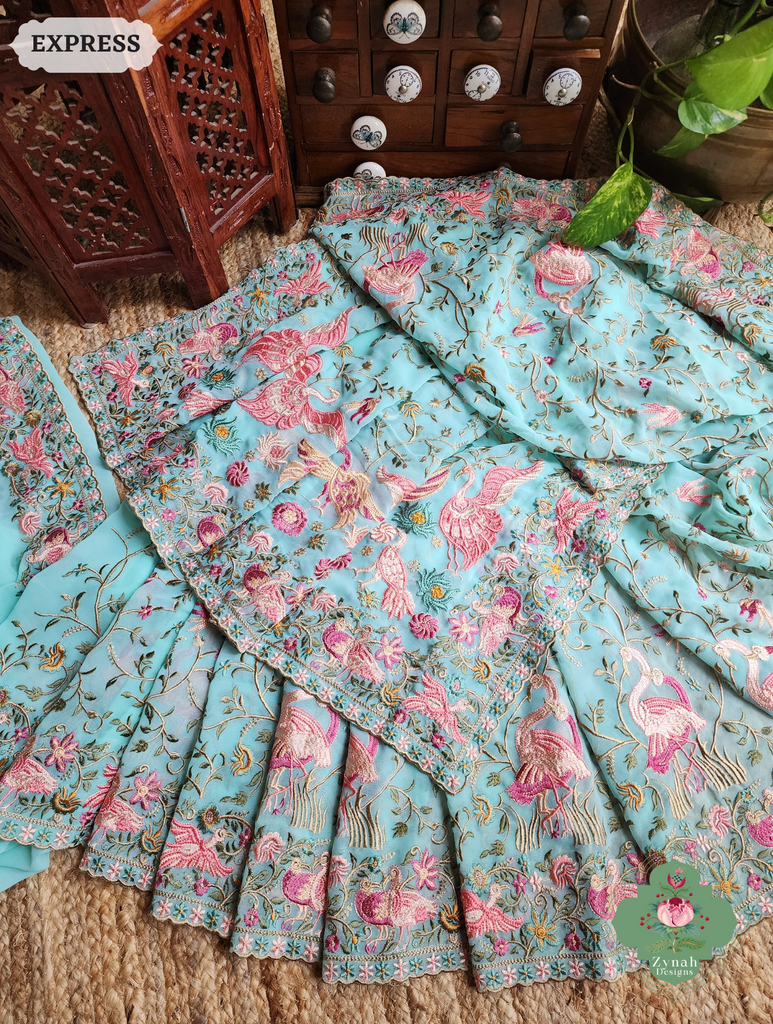 Zynah Aqua Pure Georgette Saree With Parsi Gara Inspired Embroidery; Custom Stitched/Ready-made Blouse, Fall, Petticoat; SKU: 2008202501