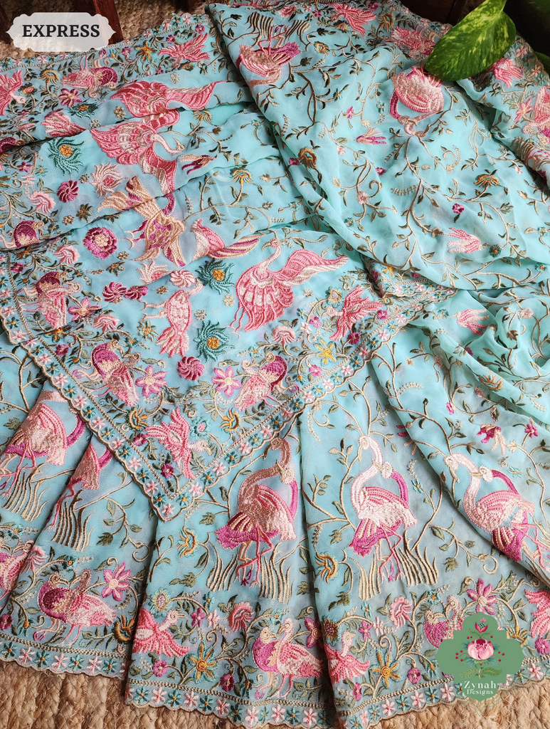 Zynah Aqua Pure Georgette Saree With Parsi Gara Inspired Embroidery; Custom Stitched/Ready-made Blouse, Fall, Petticoat; SKU: 2008202501
