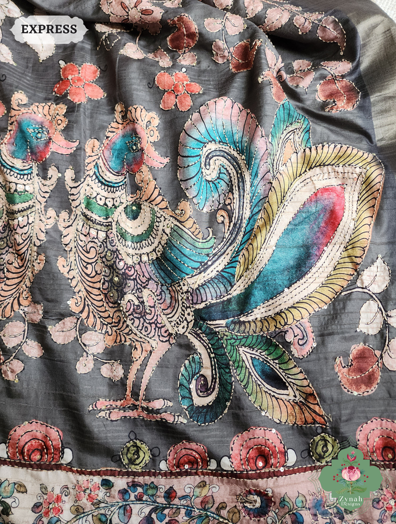 Zynah Army Green Jute Linen Saree With Kalamkari Pallu, Kantha & Sequins Highlight & Frenchknot Hand Embroidery; Custom Stitched/Ready-made Blouse, Fall, Petticoat; SKU: 0609202401