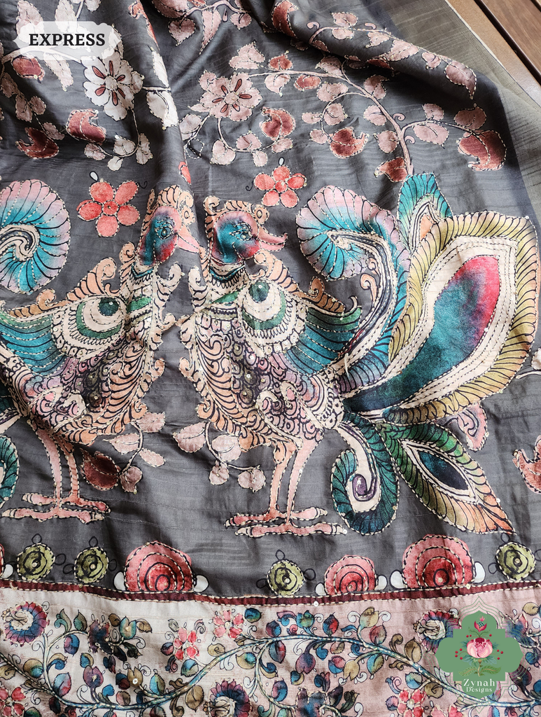 Zynah Army Green Jute Linen Saree With Kalamkari Pallu, Kantha & Sequins Highlight & Frenchknot Hand Embroidery; Custom Stitched/Ready-made Blouse, Fall, Petticoat; SKU: 0609202401