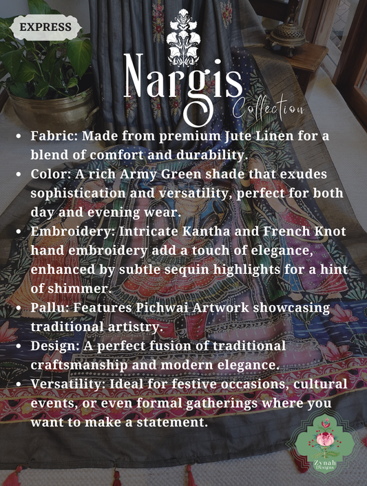 Zynah Army Green Jute Linen Saree With Pichwai Art Pallu, Kantha & Sequins Highlight & Frenchknot Hand Embroidery; Custom Stitched/Ready-made Blouse, Fall, Petticoat; SKU: 0609202402