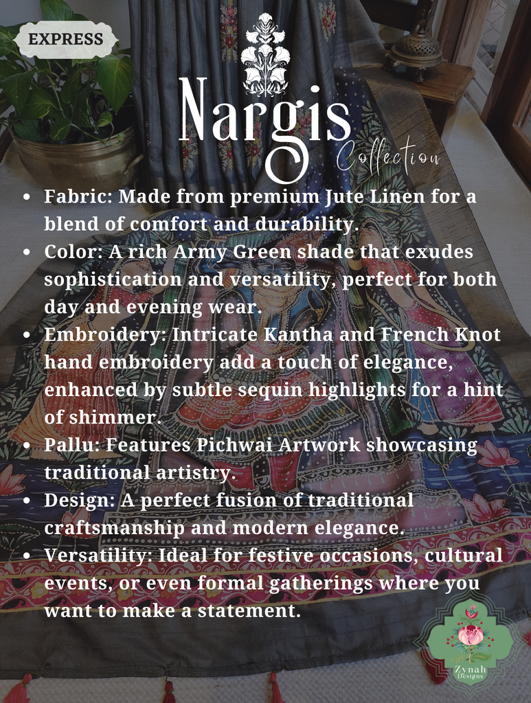 Zynah Army Green Jute Linen Saree With Pichwai Art Pallu, Kantha & Sequins Highlight & Frenchknot Hand Embroidery; Custom Stitched/Ready-made Blouse, Fall, Petticoat; SKU: 0609202402
