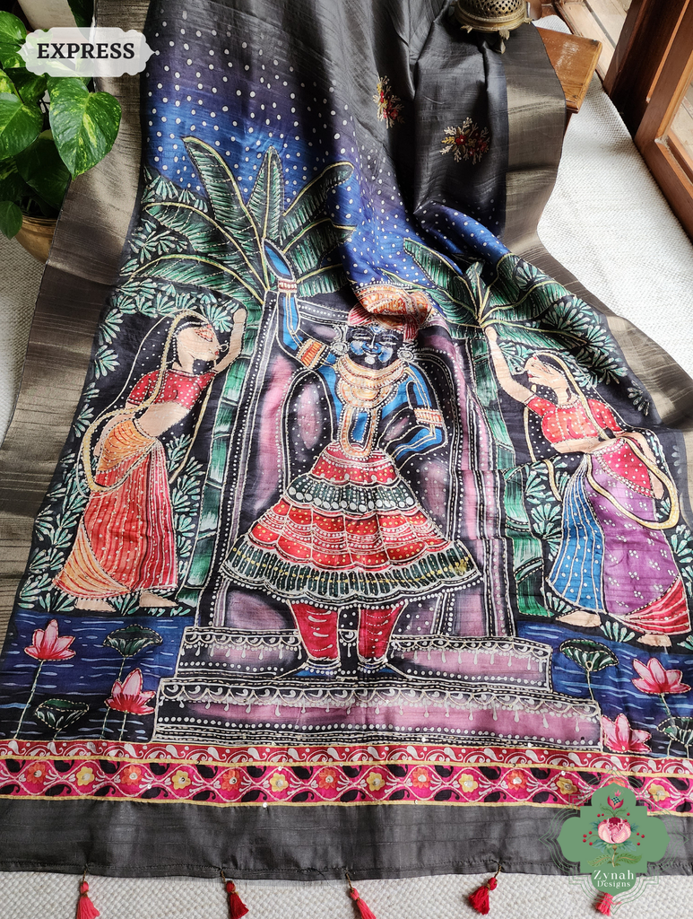 Zynah Army Green Jute Linen Saree With Pichwai Art Pallu, Kantha & Sequins Highlight & Frenchknot Hand Embroidery; Custom Stitched/Ready-made Blouse, Fall, Petticoat; SKU: 0609202402