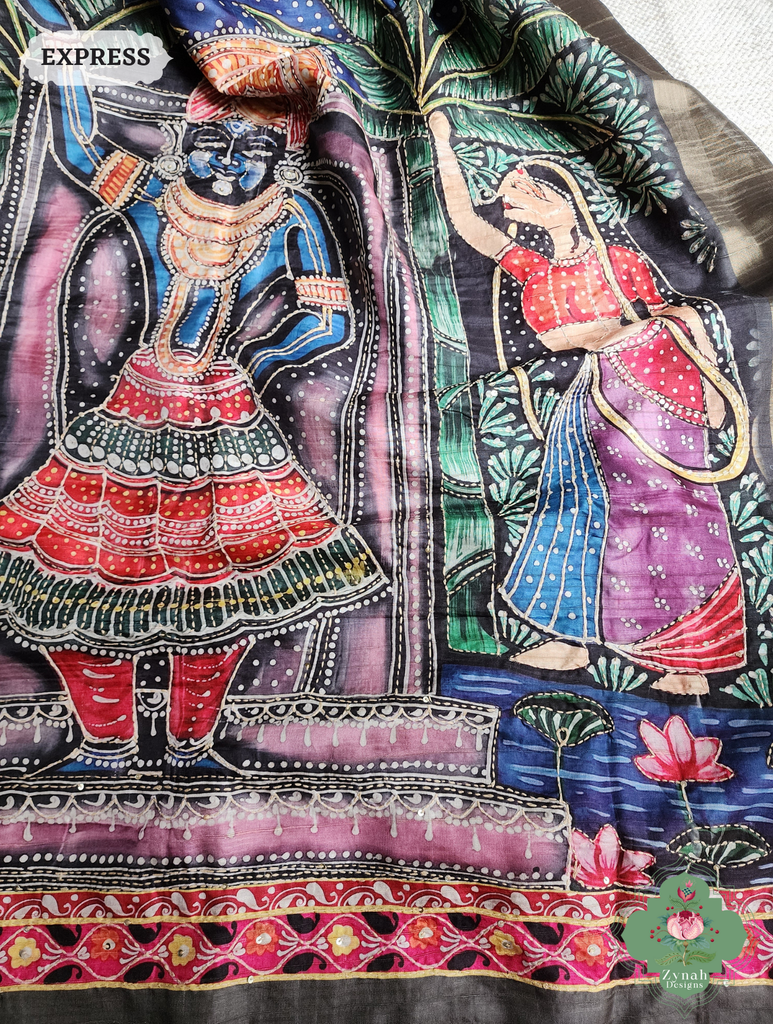 Zynah Army Green Jute Linen Saree With Pichwai Art Pallu, Kantha & Sequins Highlight & Frenchknot Hand Embroidery; Custom Stitched/Ready-made Blouse, Fall, Petticoat; SKU: 0609202402