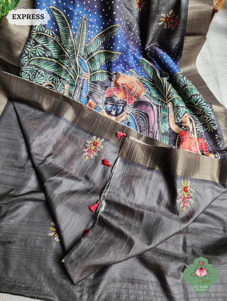 Zynah Army Green Jute Linen Saree With Pichwai Art Pallu, Kantha & Sequins Highlight & Frenchknot Hand Embroidery; Custom Stitched/Ready-made Blouse, Fall, Petticoat; SKU: 0609202402