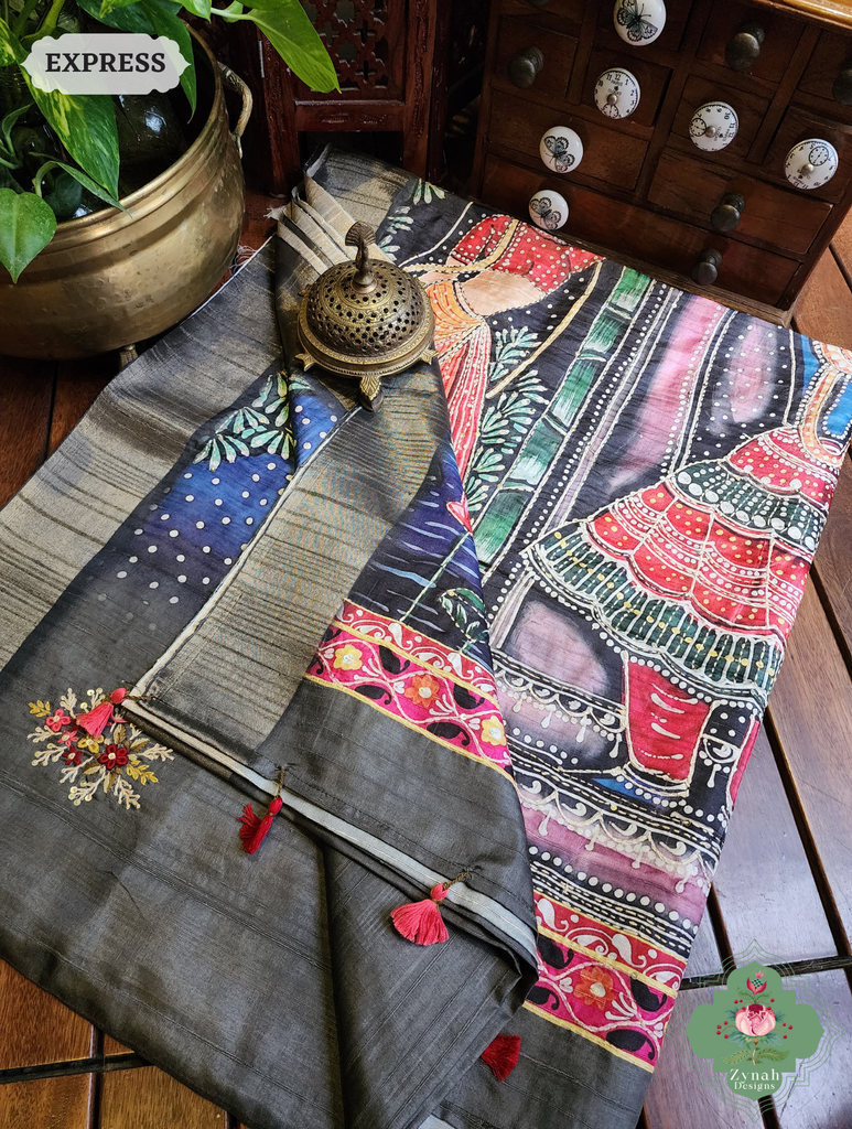Zynah Army Green Jute Linen Saree With Pichwai Art Pallu, Kantha & Sequins Highlight & Frenchknot Hand Embroidery; Custom Stitched/Ready-made Blouse, Fall, Petticoat; SKU: 0609202402