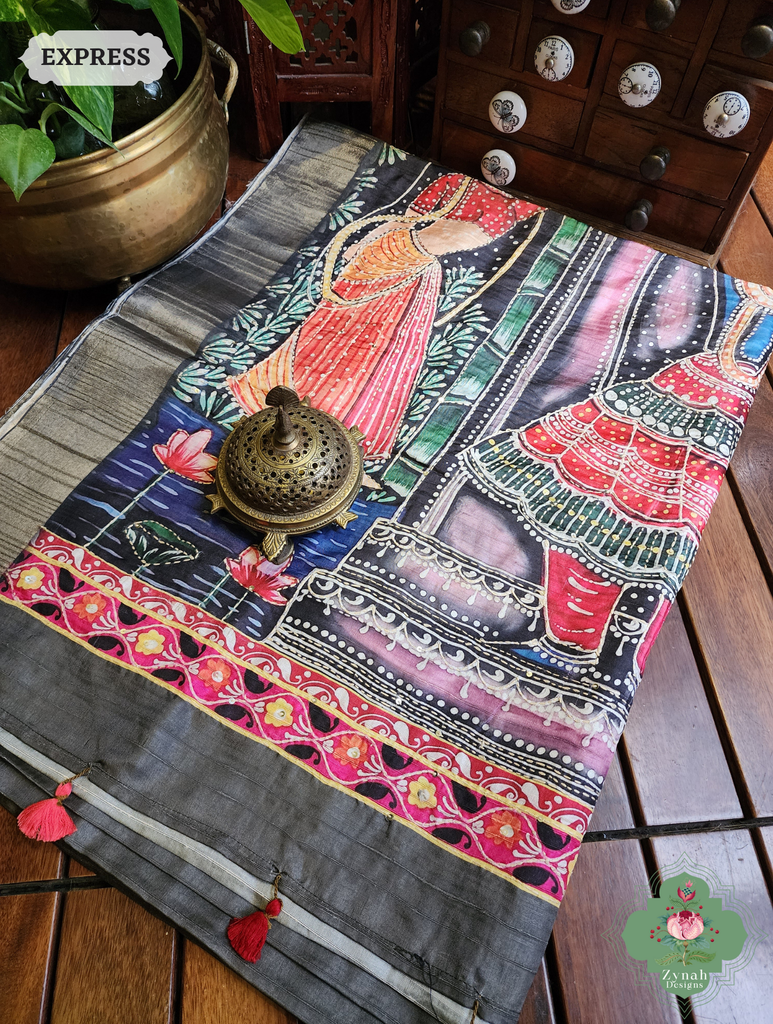 Zynah Army Green Jute Linen Saree With Pichwai Art Pallu, Kantha & Sequins Highlight & Frenchknot Hand Embroidery; Custom Stitched/Ready-made Blouse, Fall, Petticoat; SKU: 0609202402