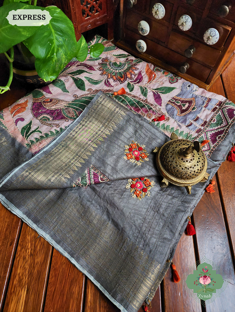 Ash Jute Linen Saree, Kalamkari Pallu With Kantha Work, All Over Frenchknot Embroidery Butis