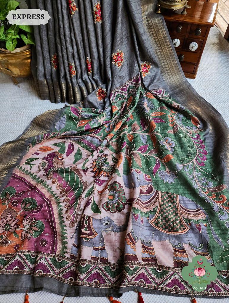 Ash Jute Linen Saree, Kalamkari Pallu With Kantha Work, All Over Frenchknot Embroidery Butis