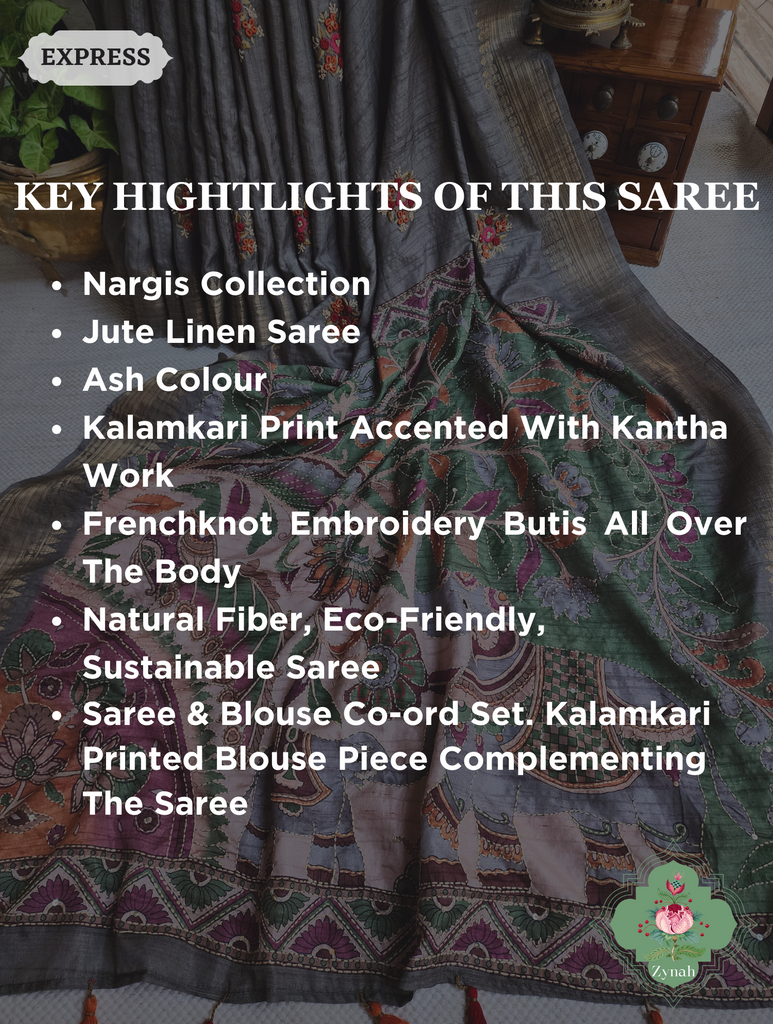 Ash Jute Linen Saree, Kalamkari Pallu With Kantha Work, All Over Frenchknot Embroidery Butis