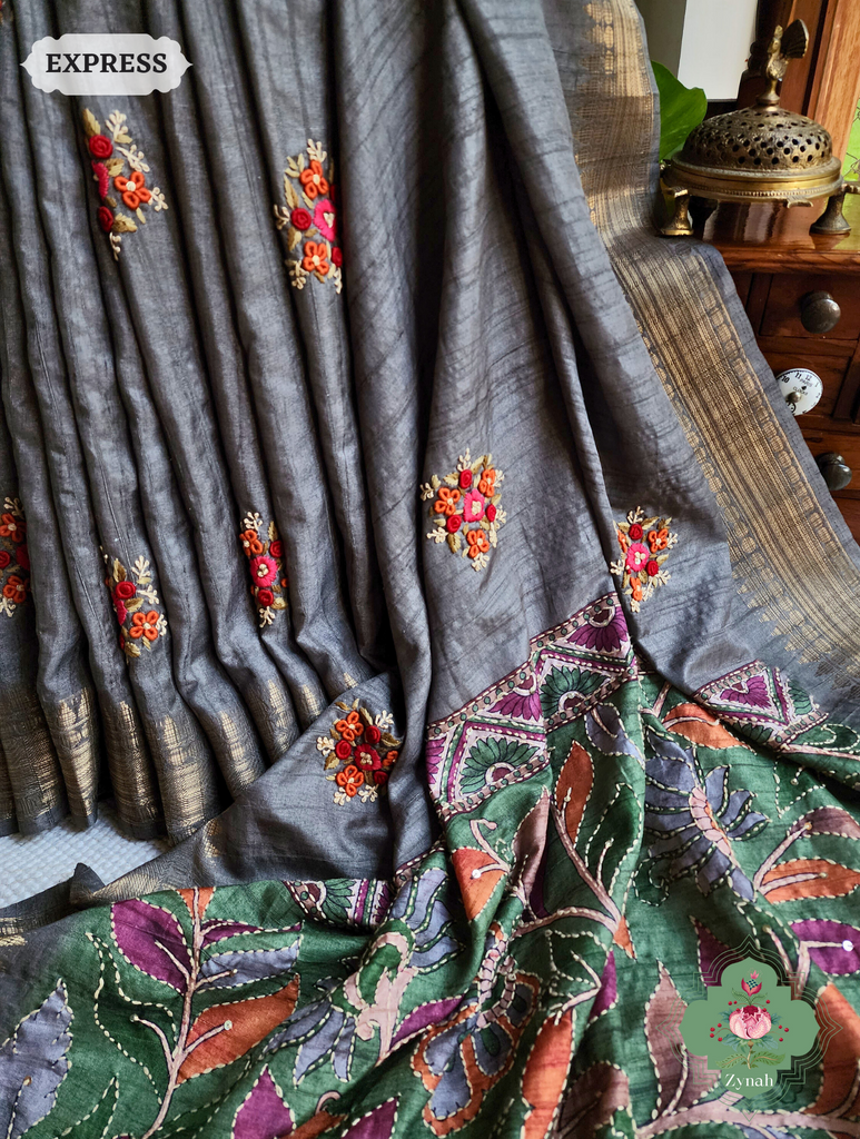 Ash Jute Linen Saree, Kalamkari Pallu With Kantha Work, All Over Frenchknot Embroidery Butis
