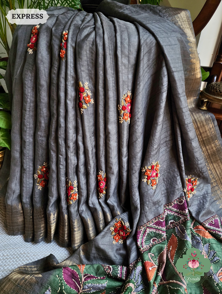 Ash Jute Linen Saree, Kalamkari Pallu With Kantha Work, All Over Frenchknot Embroidery Butis