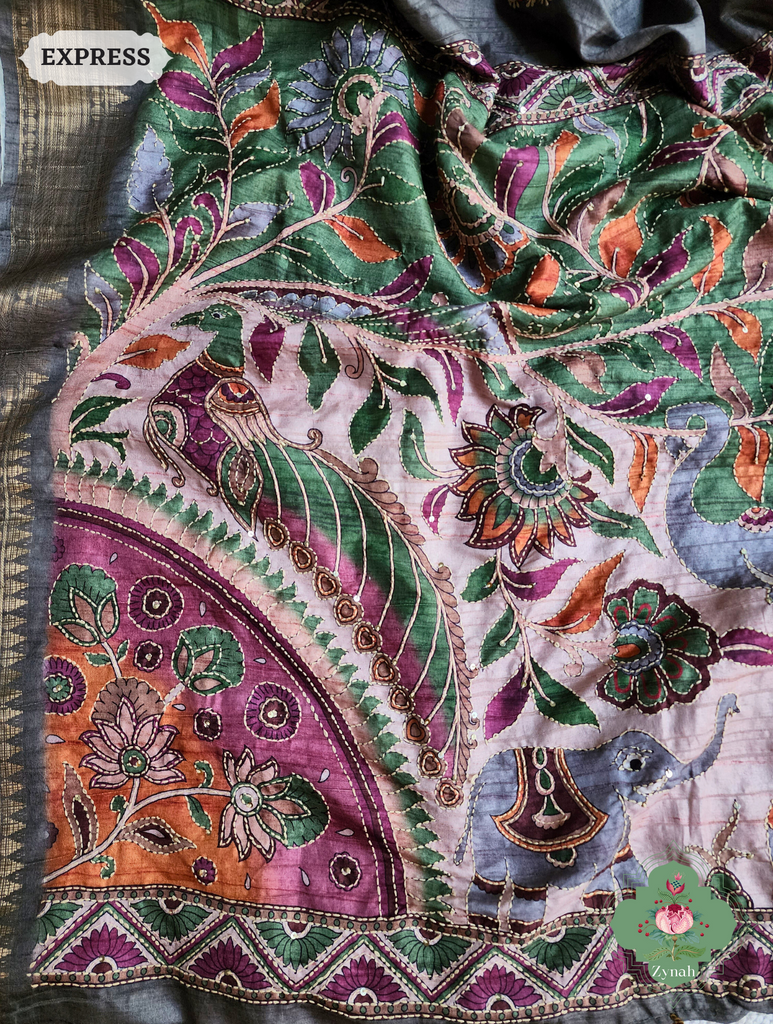 Ash Jute Linen Saree, Kalamkari Pallu With Kantha Work, All Over Frenchknot Embroidery Butis