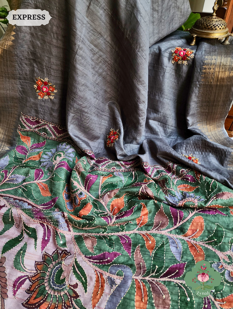 Ash Jute Linen Saree, Kalamkari Pallu With Kantha Work, All Over Frenchknot Embroidery Butis