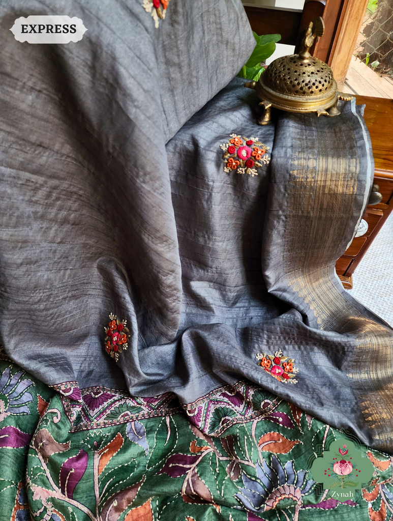 Ash Jute Linen Saree, Kalamkari Pallu With Kantha Work, All Over Frenchknot Embroidery Butis