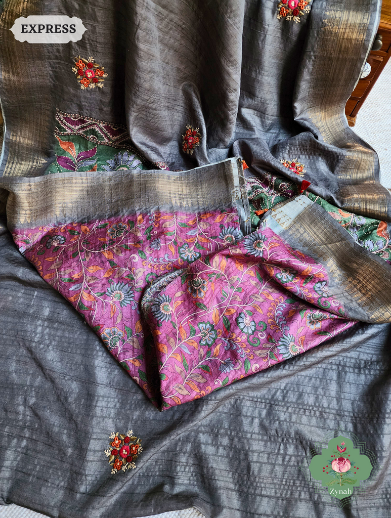 Ash Jute Linen Saree, Kalamkari Pallu With Kantha Work, All Over Frenchknot Embroidery Butis