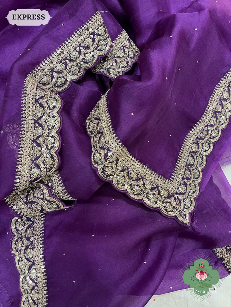 Aubergine Pure Organza Silk Saree With All Over Mukaish Work & Sequins Embroidered Border