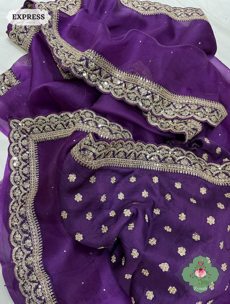 Aubergine Pure Organza Silk Saree With All Over Mukaish Work & Sequins Embroidered Border