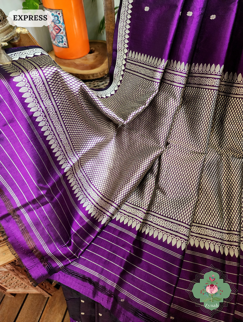 Zynah Aubergine Pure Banarasi Katan Silk Saree With Delicate Butis; Custom Stitched/Ready-made Blouse, Fall, Petticoat; SKU: 1507202302