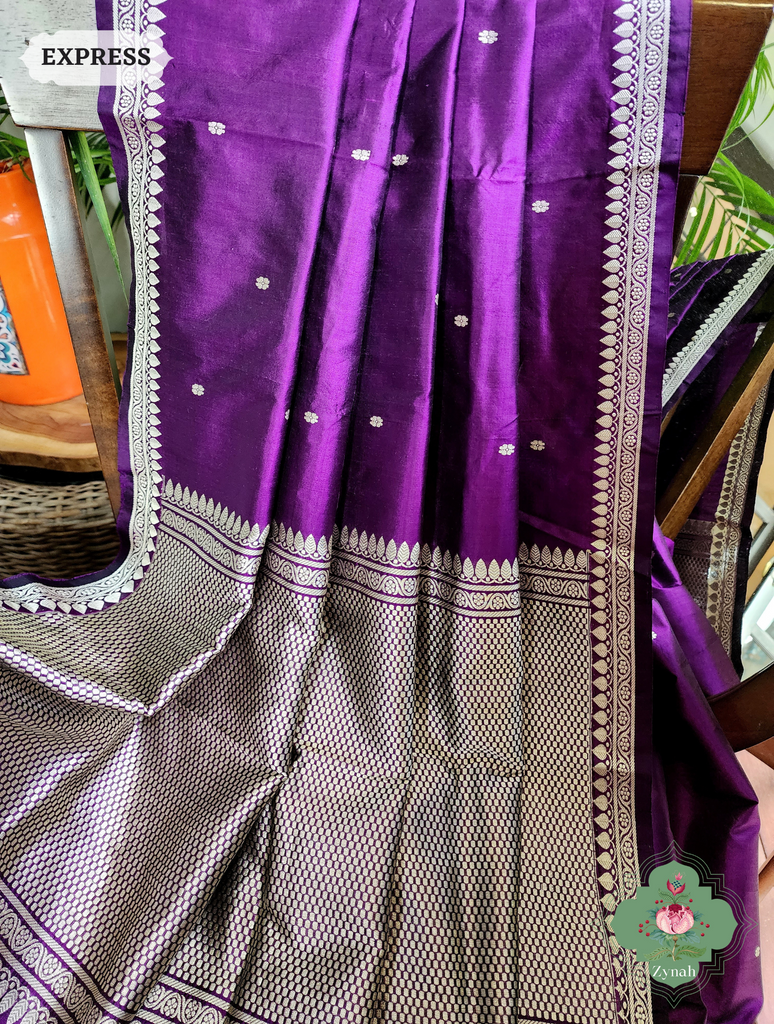 Zynah Aubergine Pure Banarasi Katan Silk Saree With Delicate Butis; Custom Stitched/Ready-made Blouse, Fall, Petticoat; SKU: 1507202302