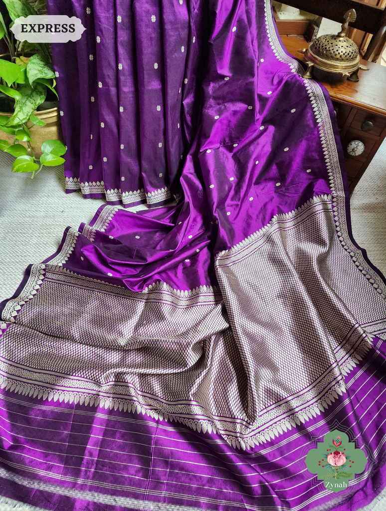 Zynah Aubergine Pure Banarasi Katan Silk Saree With Delicate Butis; Custom Stitched/Ready-made Blouse, Fall, Petticoat; SKU: 1507202302