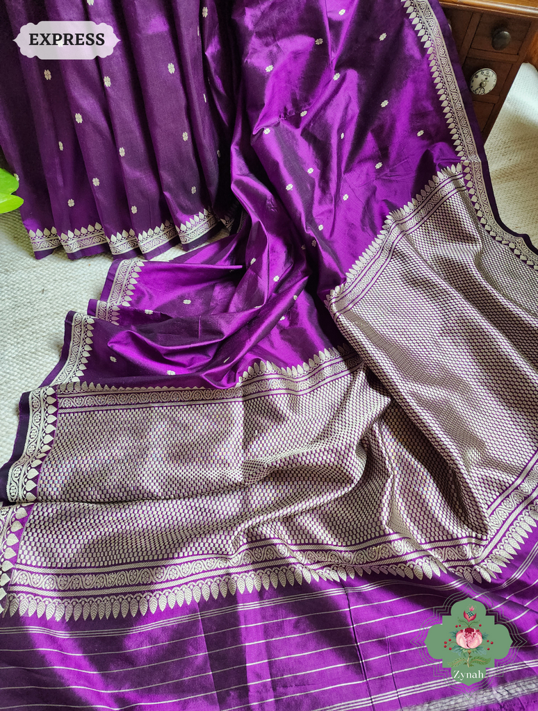 Zynah Aubergine Pure Banarasi Katan Silk Saree With Delicate Butis; Custom Stitched/Ready-made Blouse, Fall, Petticoat; SKU: 1507202302