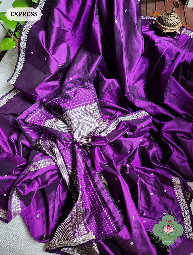 Zynah Aubergine Pure Banarasi Katan Silk Saree With Delicate Butis; Custom Stitched/Ready-made Blouse, Fall, Petticoat; SKU: 1507202302