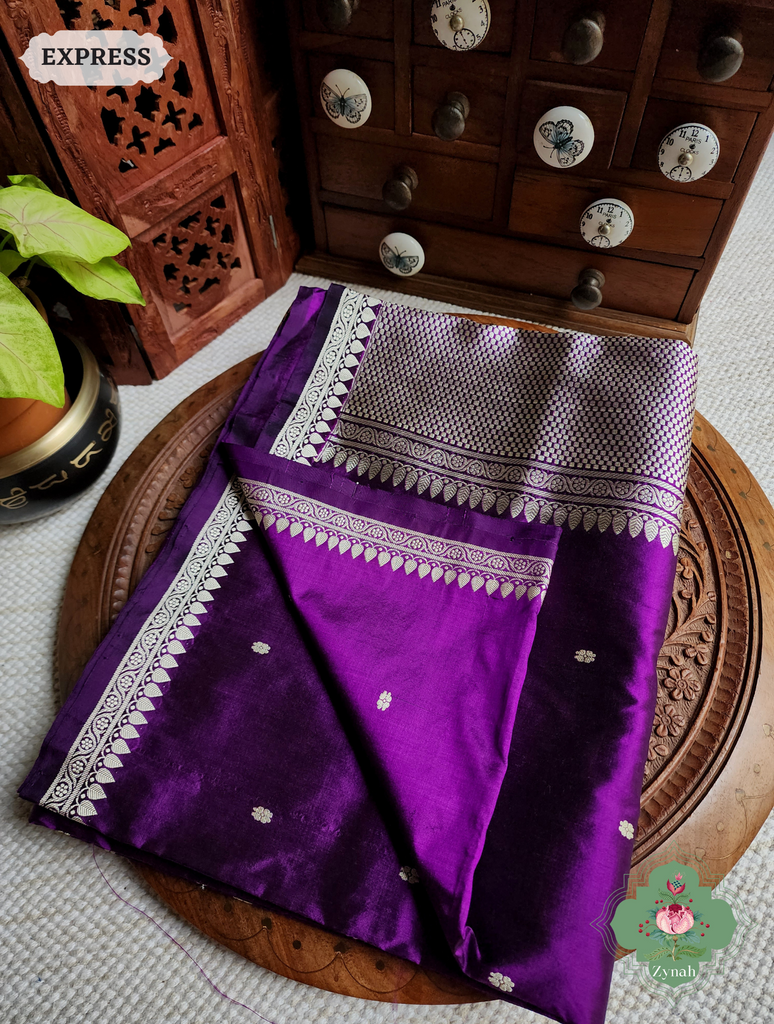 Zynah Aubergine Pure Banarasi Katan Silk Saree With Delicate Butis; Custom Stitched/Ready-made Blouse, Fall, Petticoat; SKU: 1507202302