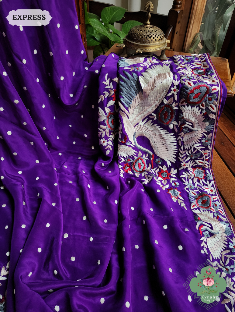 Aubergine Crepe Silk Hand Embroidered Parsi Gara Saree 10