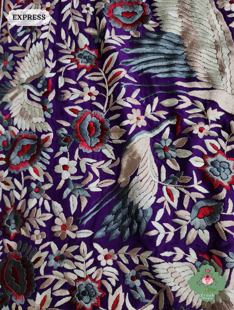 Aubergine Crepe Silk Hand Embroidered Parsi Gara Saree 11