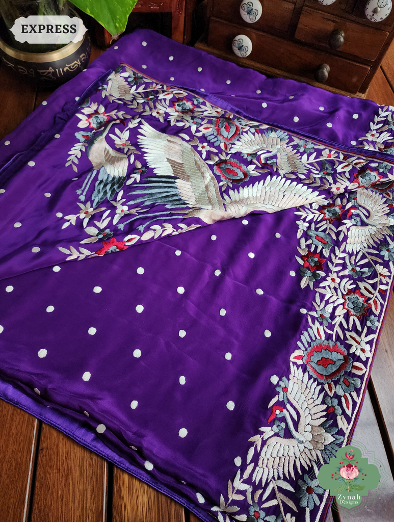 Aubergine Crepe Silk Hand Embroidered Parsi Gara Saree 13