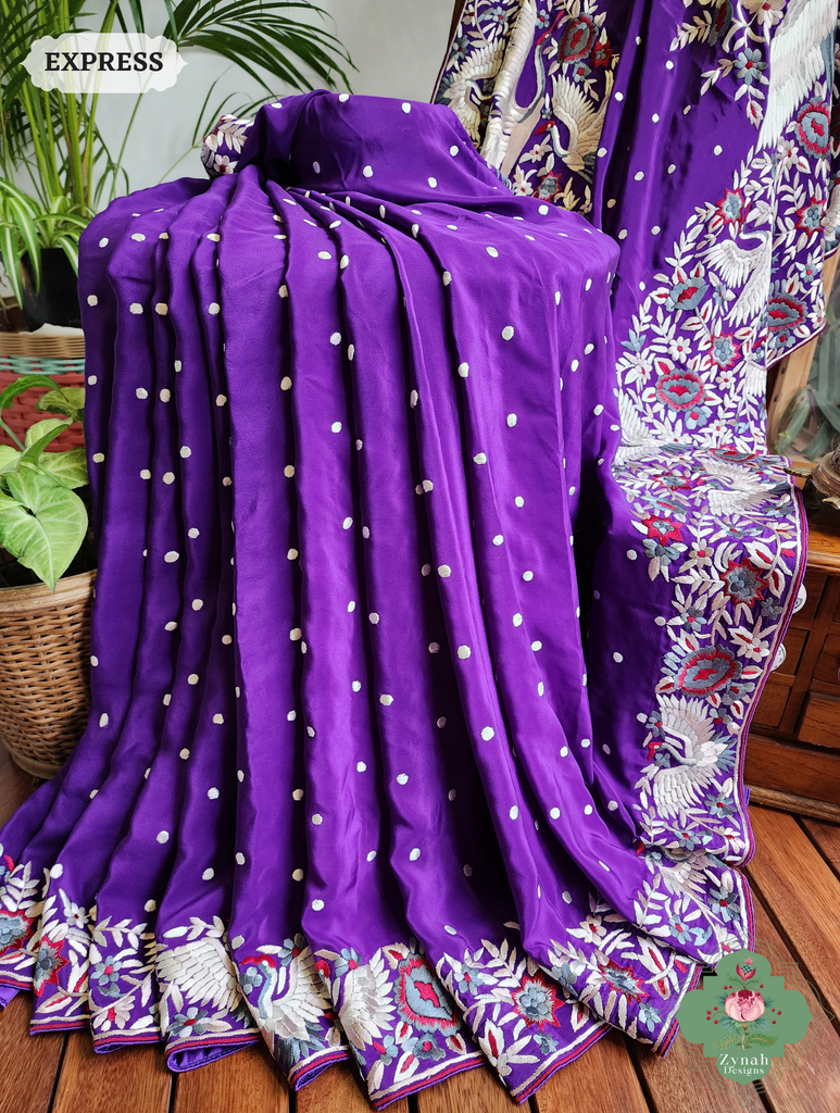 Aubergine Crepe Silk Hand Embroidered Parsi Gara Saree 3