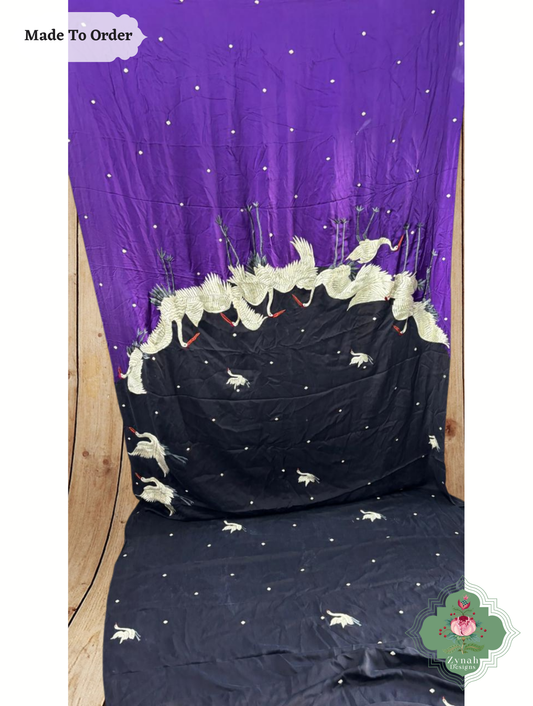 Zynah Shaheen-e-Bahar – Black & Aubergine Pure Crepe Silk Hand Embroidered Parsi Gara Saree with Designer Motifs of Cranes & Swans
