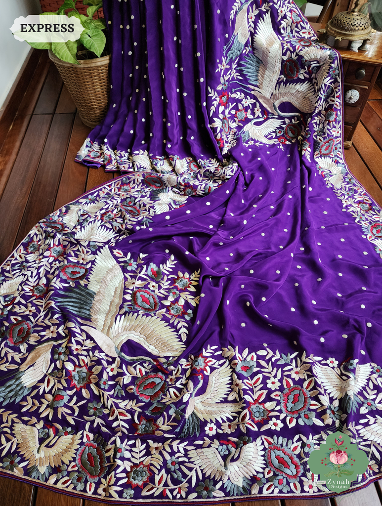 Aubergine Crepe Silk Hand Embroidered Parsi Gara Saree 4