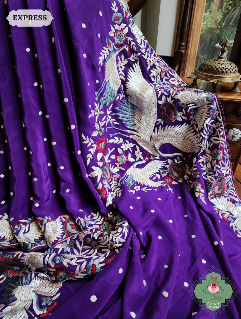 Aubergine Crepe Silk Hand Embroidered Parsi Gara Saree 5