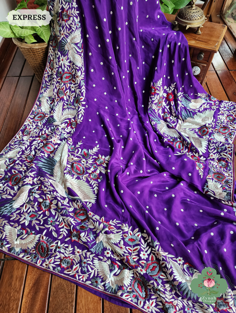 Aubergine Crepe Silk Hand Embroidered Parsi Gara Saree 6