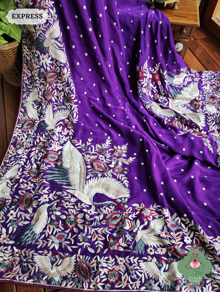 Aubergine Crepe Silk Hand Embroidered Parsi Gara Saree 7