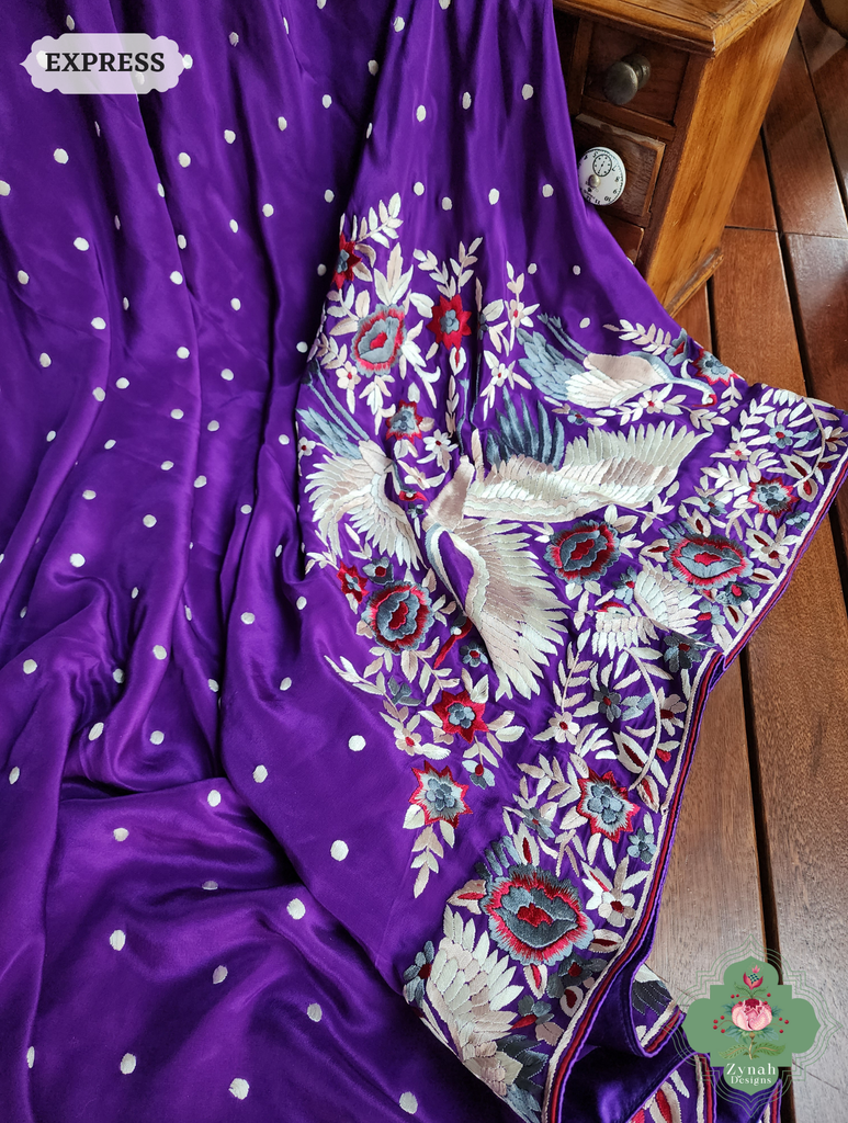 Aubergine Crepe Silk Hand Embroidered Parsi Gara Saree 8