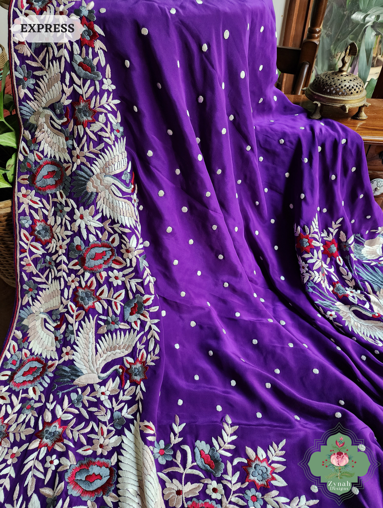 Aubergine Crepe Silk Hand Embroidered Parsi Gara Saree 9