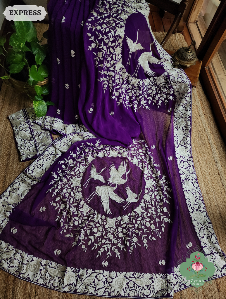 Zynah Aubergine Pure Georgette Hand Embroidered Authentic Parsi Gara Saree; Custom Stitched/Ready-made Blouse, Fall, Petticoat; SKU: 2008202508