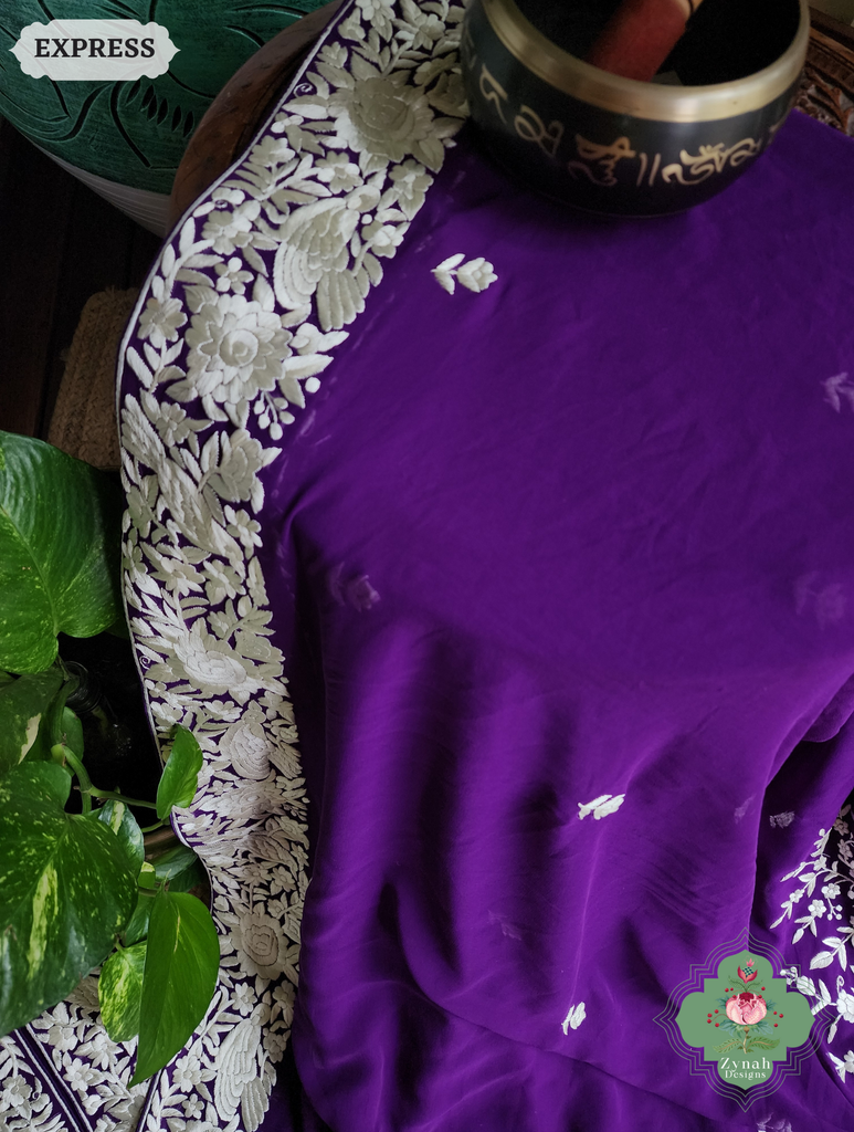 Zynah Aubergine Pure Georgette Hand Embroidered Authentic Parsi Gara Saree; Custom Stitched/Ready-made Blouse, Fall, Petticoat; SKU: 2008202508