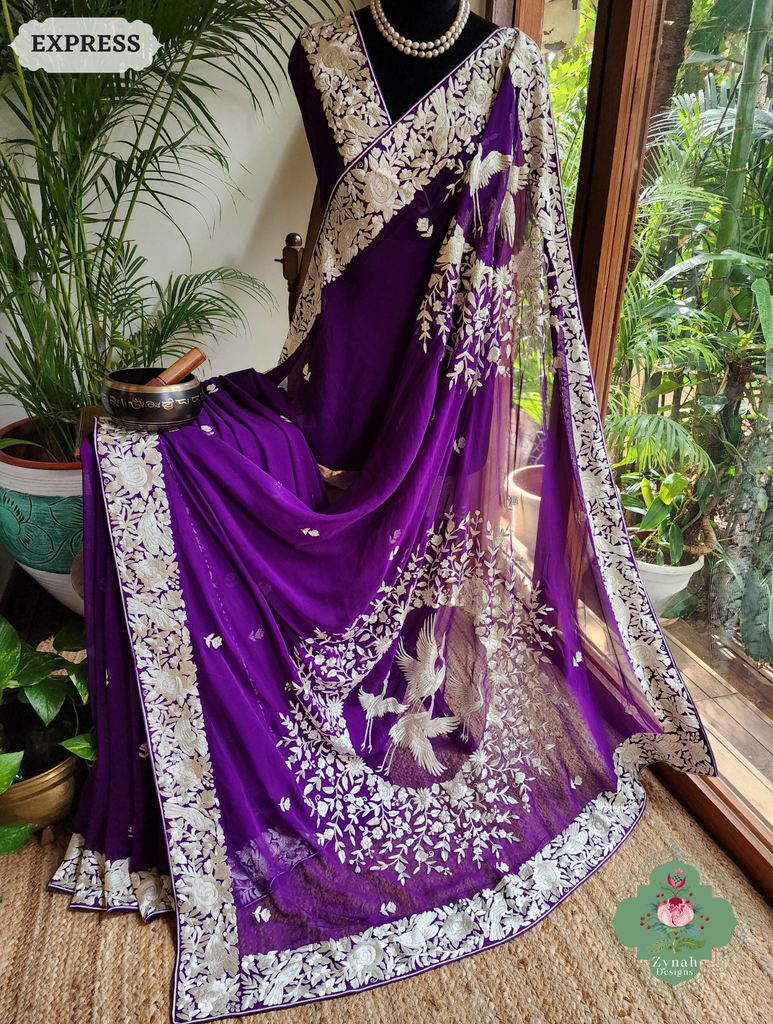 Zynah Aubergine Pure Georgette Hand Embroidered Authentic Parsi Gara Saree; Custom Stitched/Ready-made Blouse, Fall, Petticoat; SKU: 2008202508
