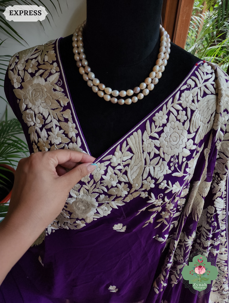 Zynah Aubergine Pure Georgette Hand Embroidered Authentic Parsi Gara Saree; Custom Stitched/Ready-made Blouse, Fall, Petticoat; SKU: 2008202508