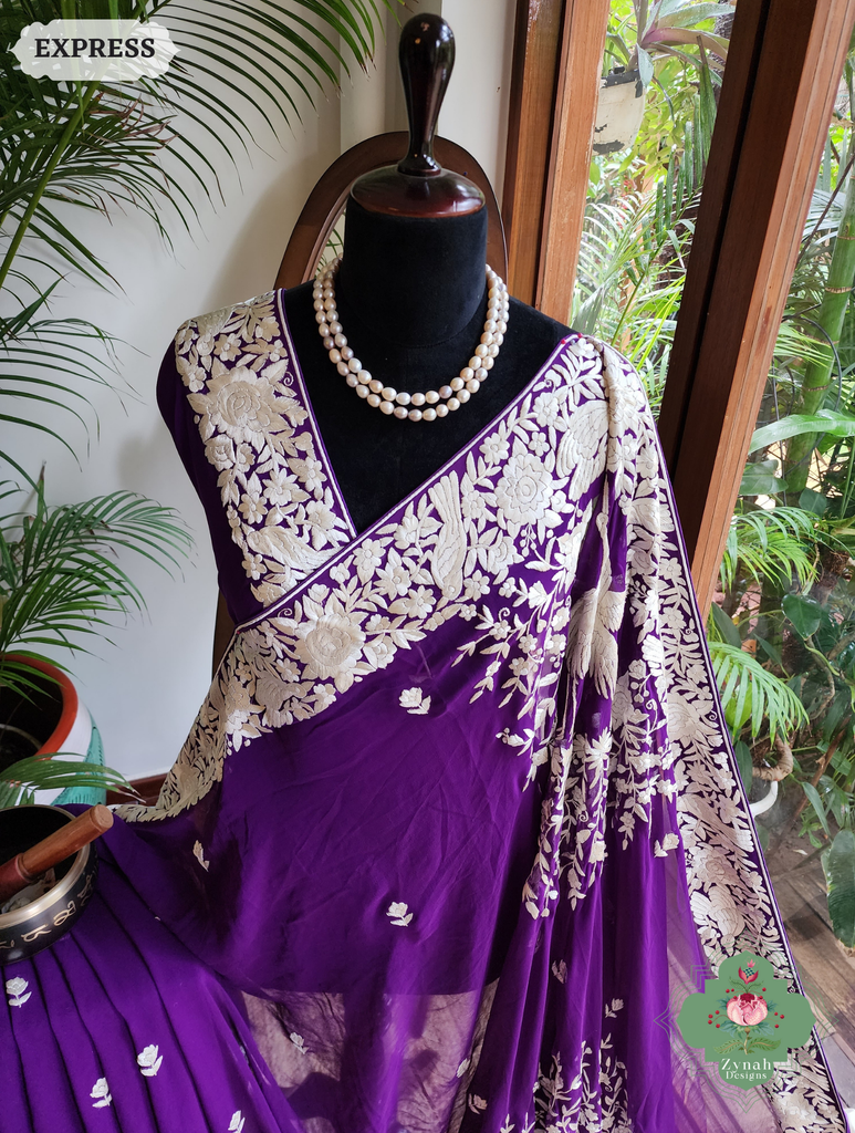 Zynah Aubergine Pure Georgette Hand Embroidered Authentic Parsi Gara Saree; Custom Stitched/Ready-made Blouse, Fall, Petticoat; SKU: 2008202508
