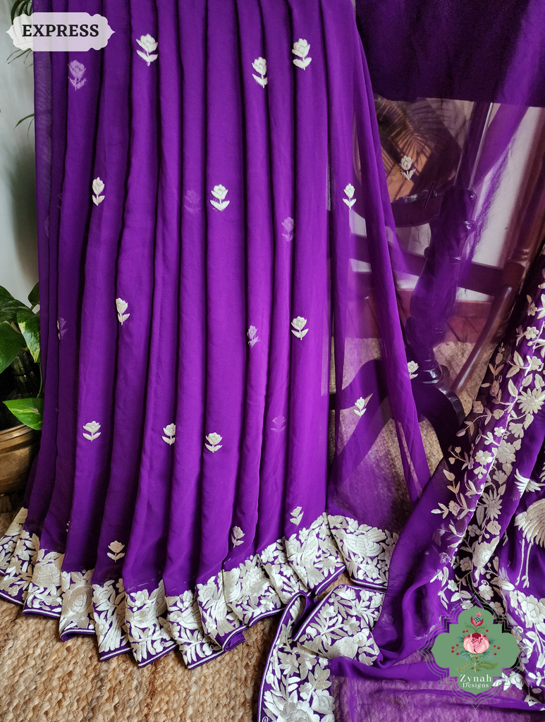 Zynah Aubergine Pure Georgette Hand Embroidered Authentic Parsi Gara Saree; Custom Stitched/Ready-made Blouse, Fall, Petticoat; SKU: 2008202508